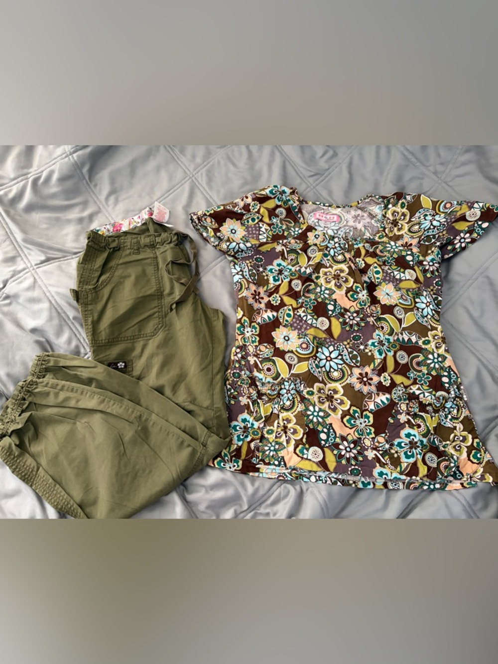koi Floral Print Scrub Top in Brown, Teal, Cream, Yellow